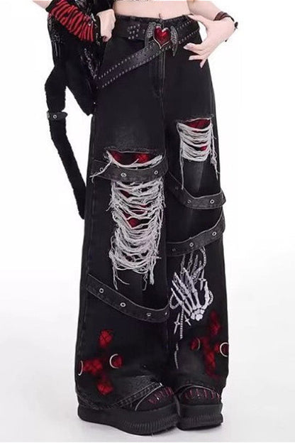 Y2K Distressed High Waist Straight Pants