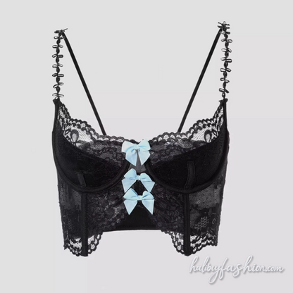 Bowknot lace contrast backless cami top