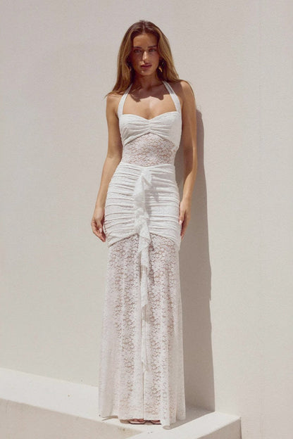 Halter Backless Sheer Lace Patchwork High Slit Fitted Maxi Dress