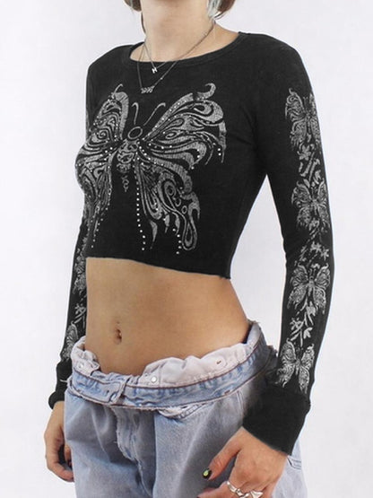 Butterfly Rhinestone Print Crop Long Sleeve Tee