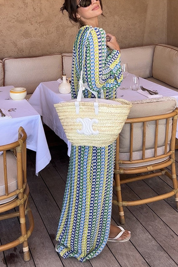 Elegant women's cardigan beach knitted colorful wave print long sleeved vacation dress