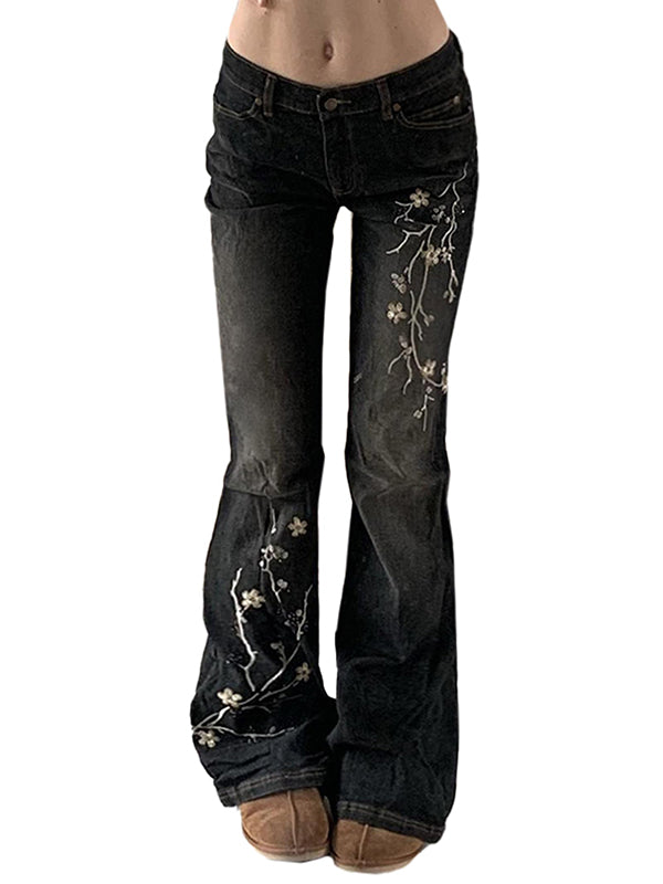 Floral Embroidery Slim Fit Flare Jeans