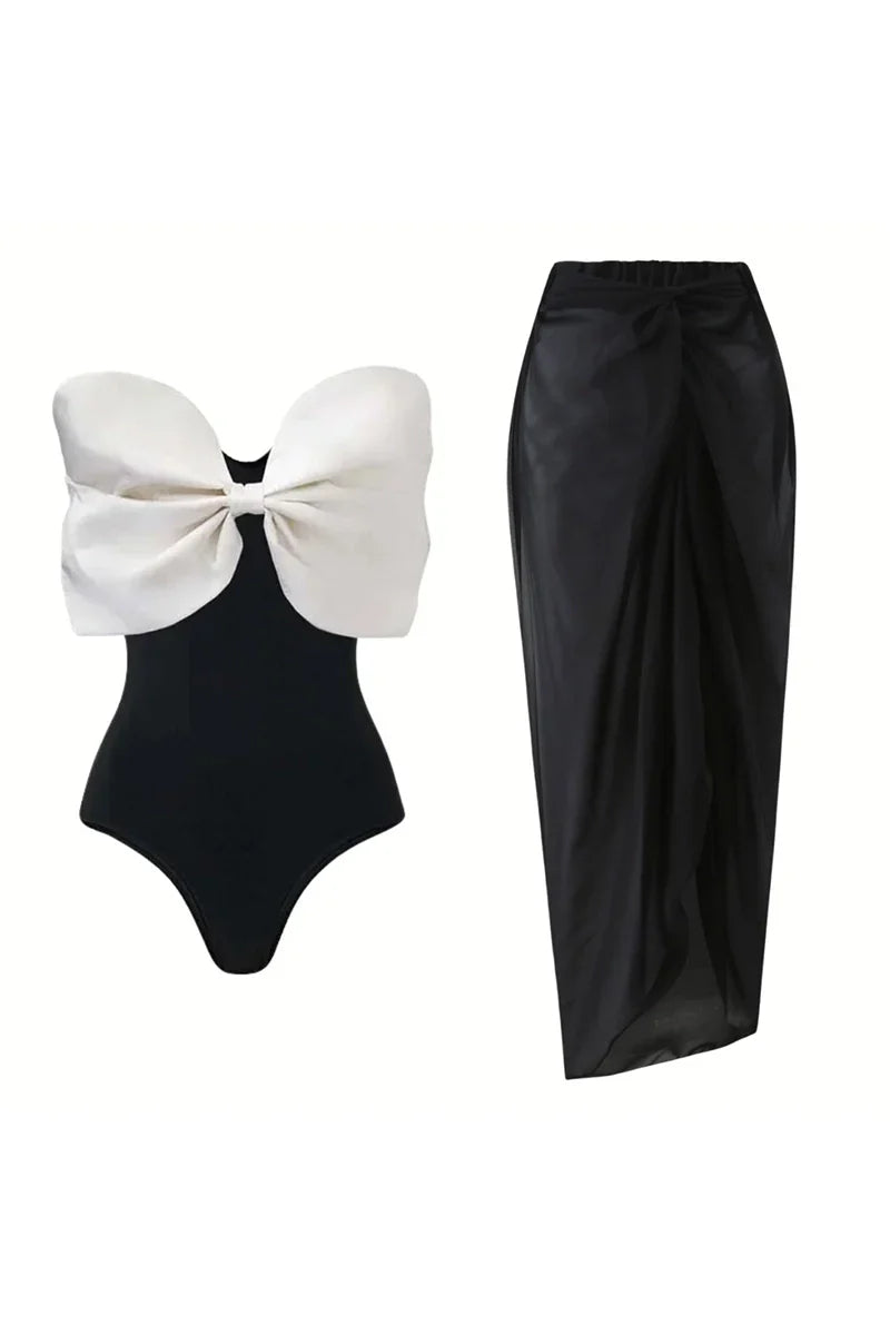 Traje de baño de una pieza con lazo blanco y negro