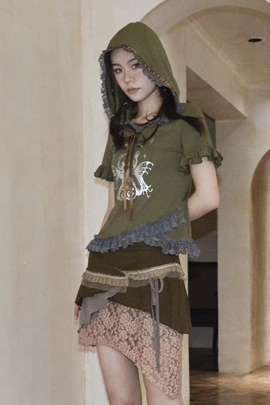 Y2K Khaki Green Hooded  T-shirt