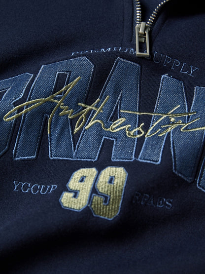 Denim Splice Letter Print Lapel Neck Oversized Hoodie
