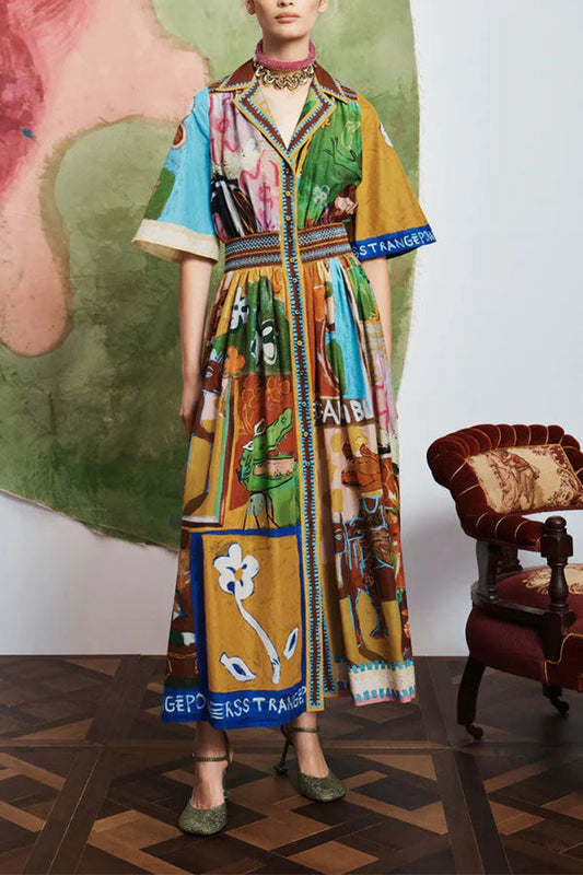 Vintage-Style Multi-Color Print Shirt Maxi Dress