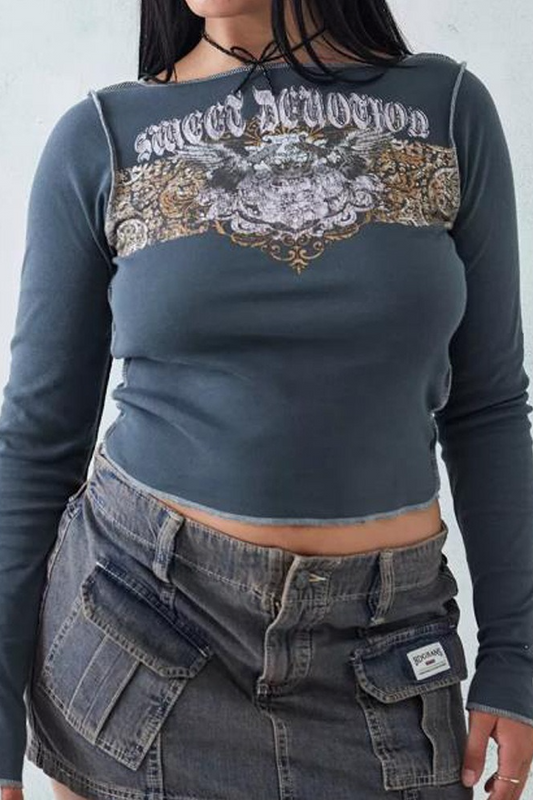 Y2K Spicy Girl Printed Slim Versatile Long Sleeve Crop Top