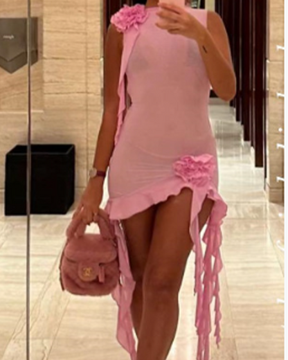 Ruffled Irregular Slit Dress