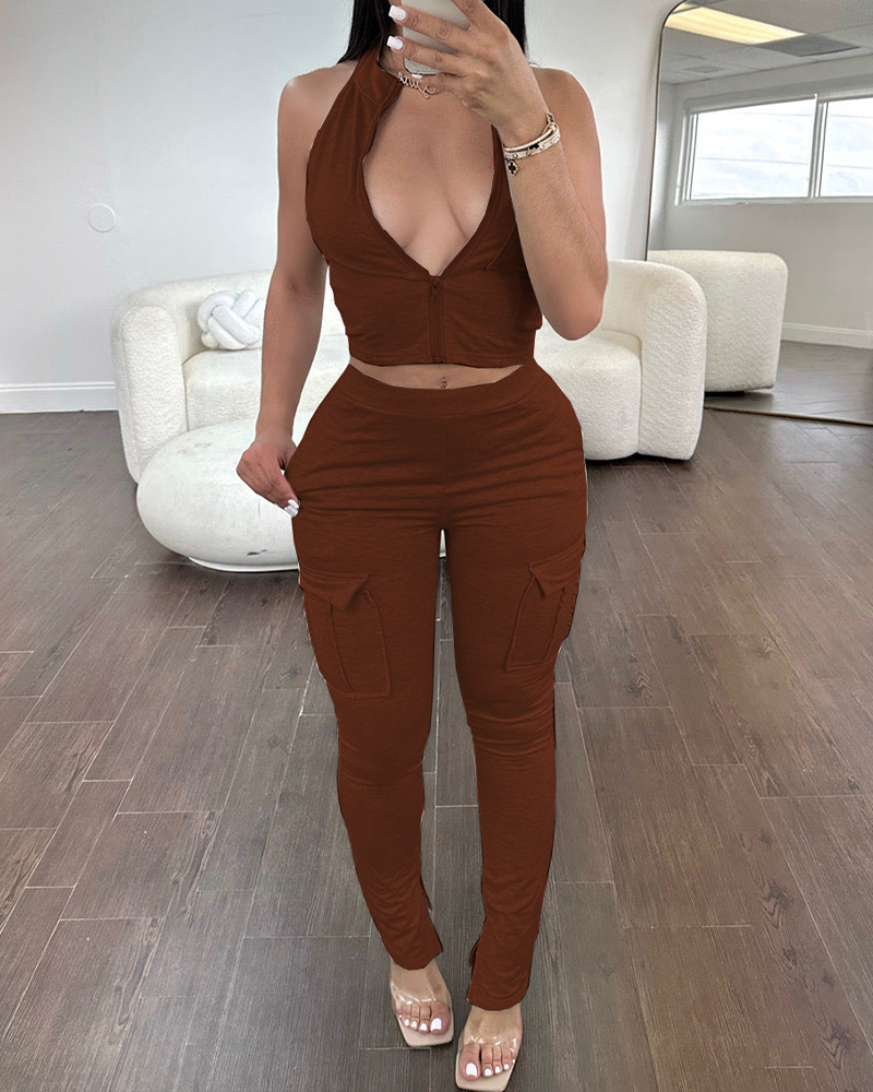 Tight Zip-Up Top Hip-Lifting Pants Set