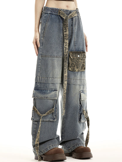 Vintage leopard print multi-pocket straps Cargo Jeans