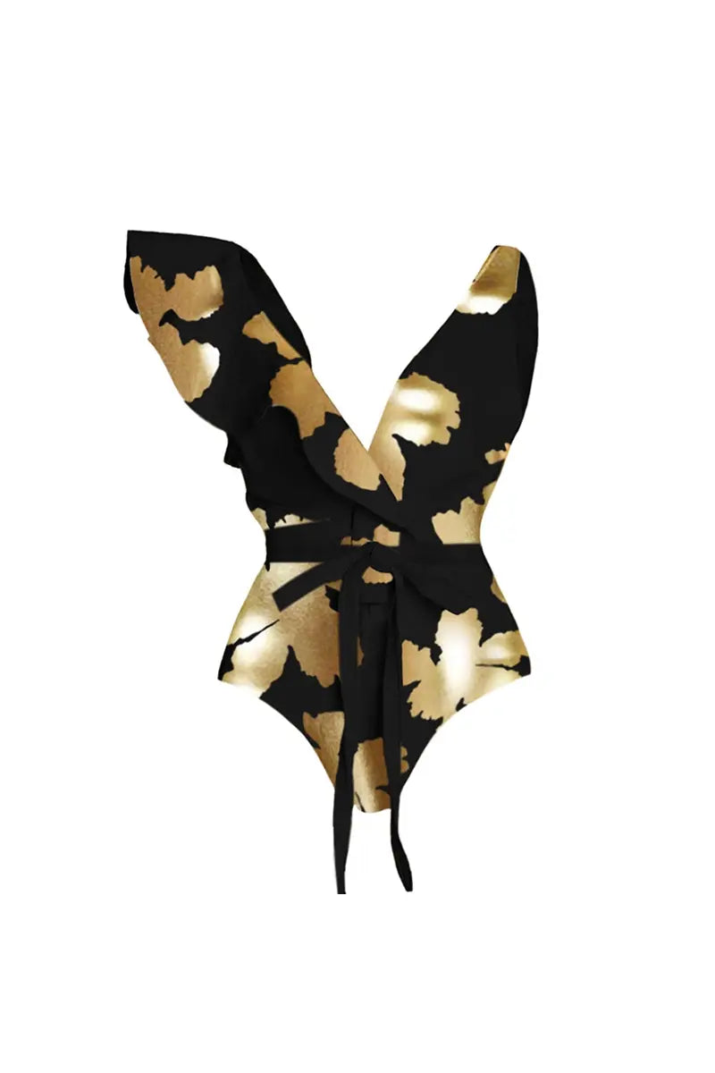 Traje de baño de una pieza con volantes y escote en V profundo con estampado metalizado