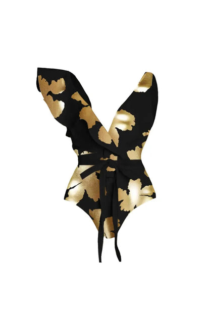 Traje de baño de una pieza con volantes y escote en V profundo con estampado metalizado