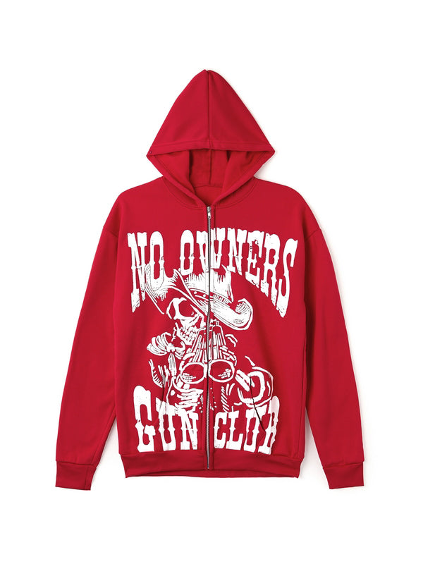Red Vintage Print Zip Up Oversized Hoodie