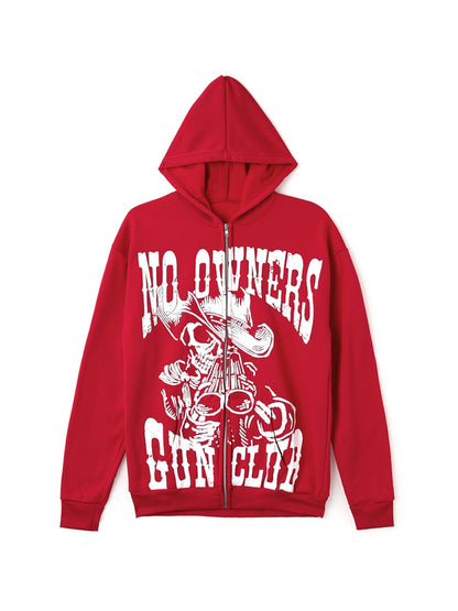 Red Vintage Print Zip Up Oversized Hoodie