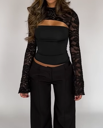 Lace Panel Hollow Design Bell Sleeve Short Top