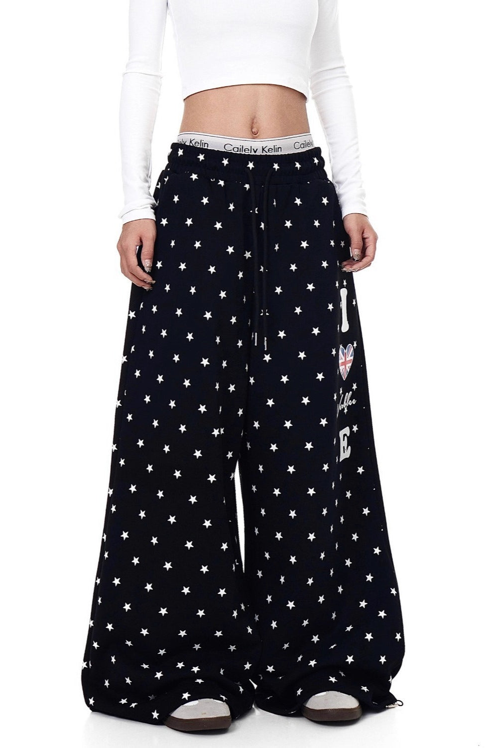 Star Print Drawstring Wide-Leg Pants