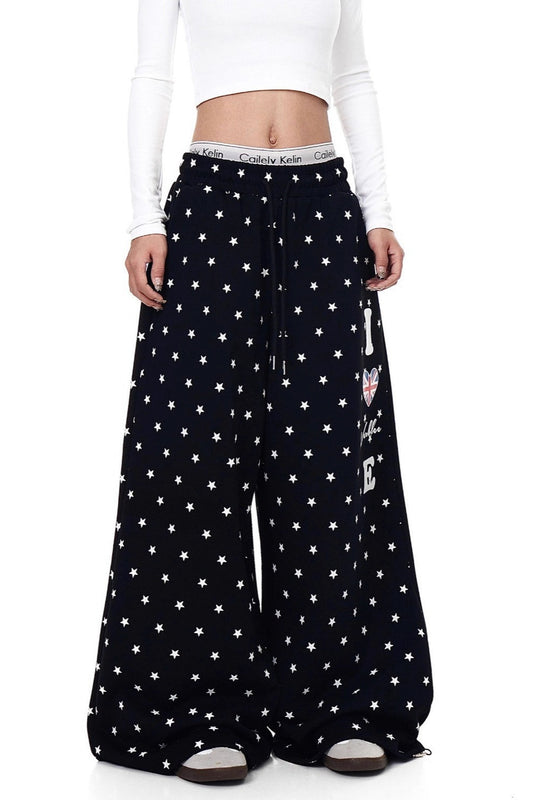 Star Print Drawstring Wide-Leg Pants