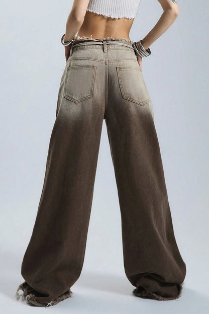 Fleece Gradient Low-Rise Loose Straight Jeans