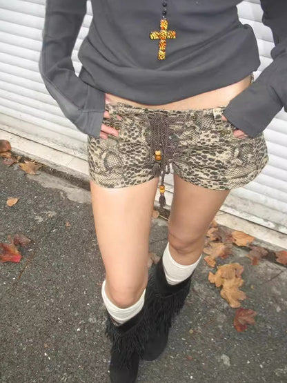 Washed Leopard Print Straps Denim Shorts