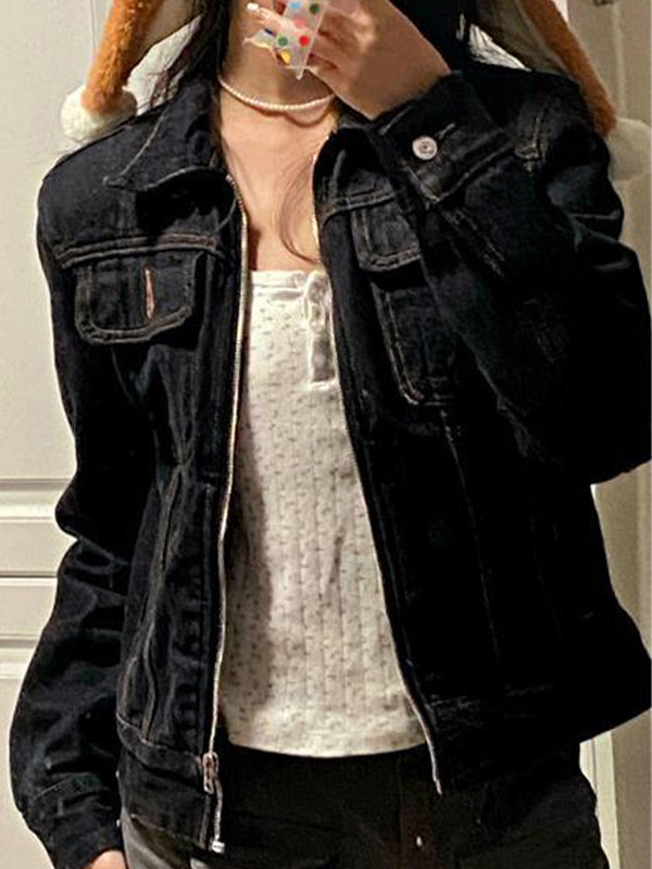 Denim Lapel Neck Zip Up Short Jacket