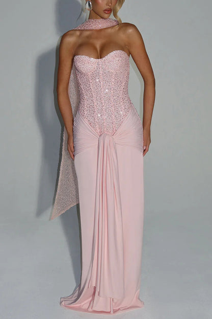 Carina Sequined and Satin Jersey Off Shoulder Ruched Knot Drape Maxi Dress