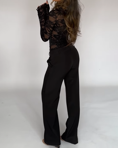 Lace Panel Hollow Design Bell Sleeve Short Top