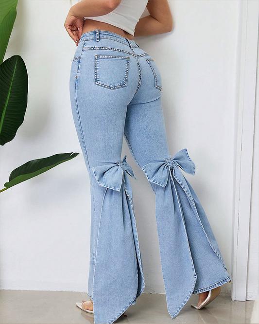High-Waisted Bow-Embellished Flared Jeans
