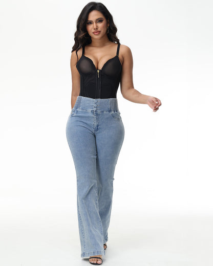 Three-Button Elastic Waist Flared Pants