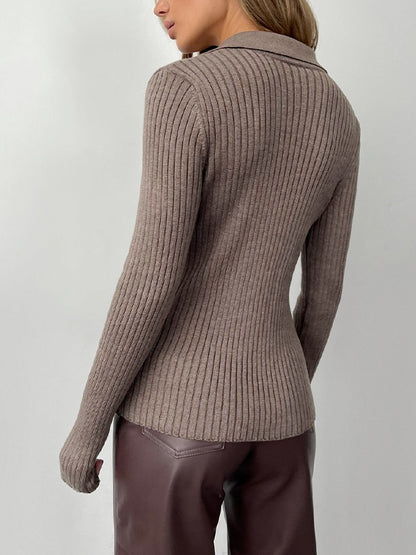 Solid Color Ribbed Polo Neck Sweater