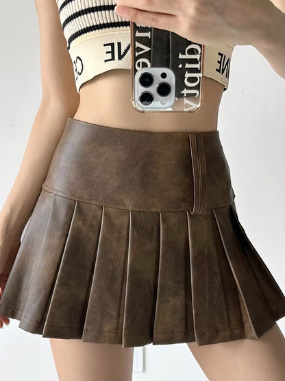 Distressed Leather Pleated High Rise Mini Skirt