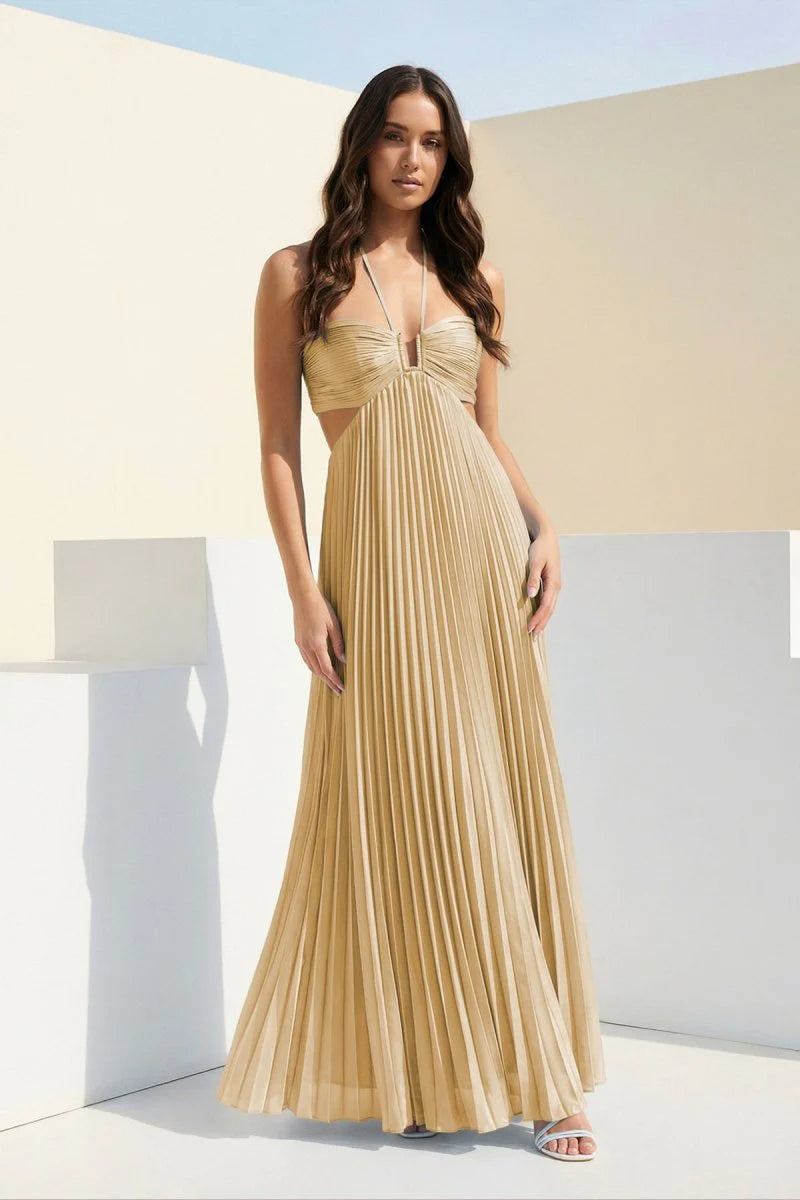 Sky Blue Halter Pleated Satin A Line Prom Dresses With Cutout