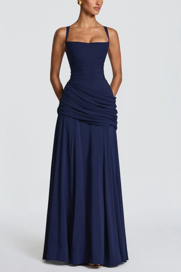 Stylish Spaghetti Strap Square Neck Slim-fit Elegant Pleated Maxi Dress