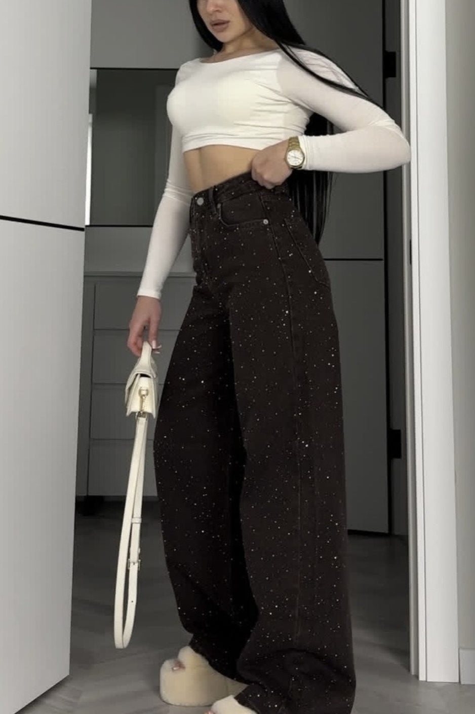 Retro Rhinestone High Waist Wide Leg Jeans