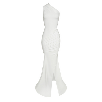 One shoulder ruched slit solid irregular maxi dress  | Festival Outfits Women