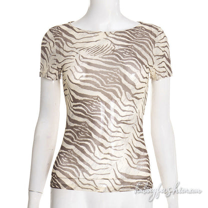 Short sleeve crewneck print sheer mesh top