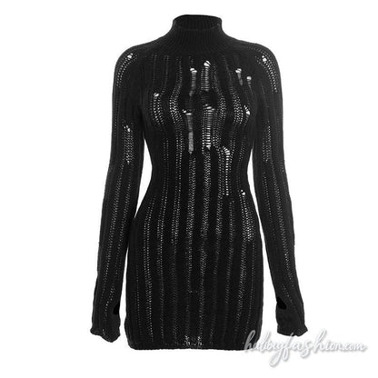 Long sleeve high neck hollow out solid mini dress