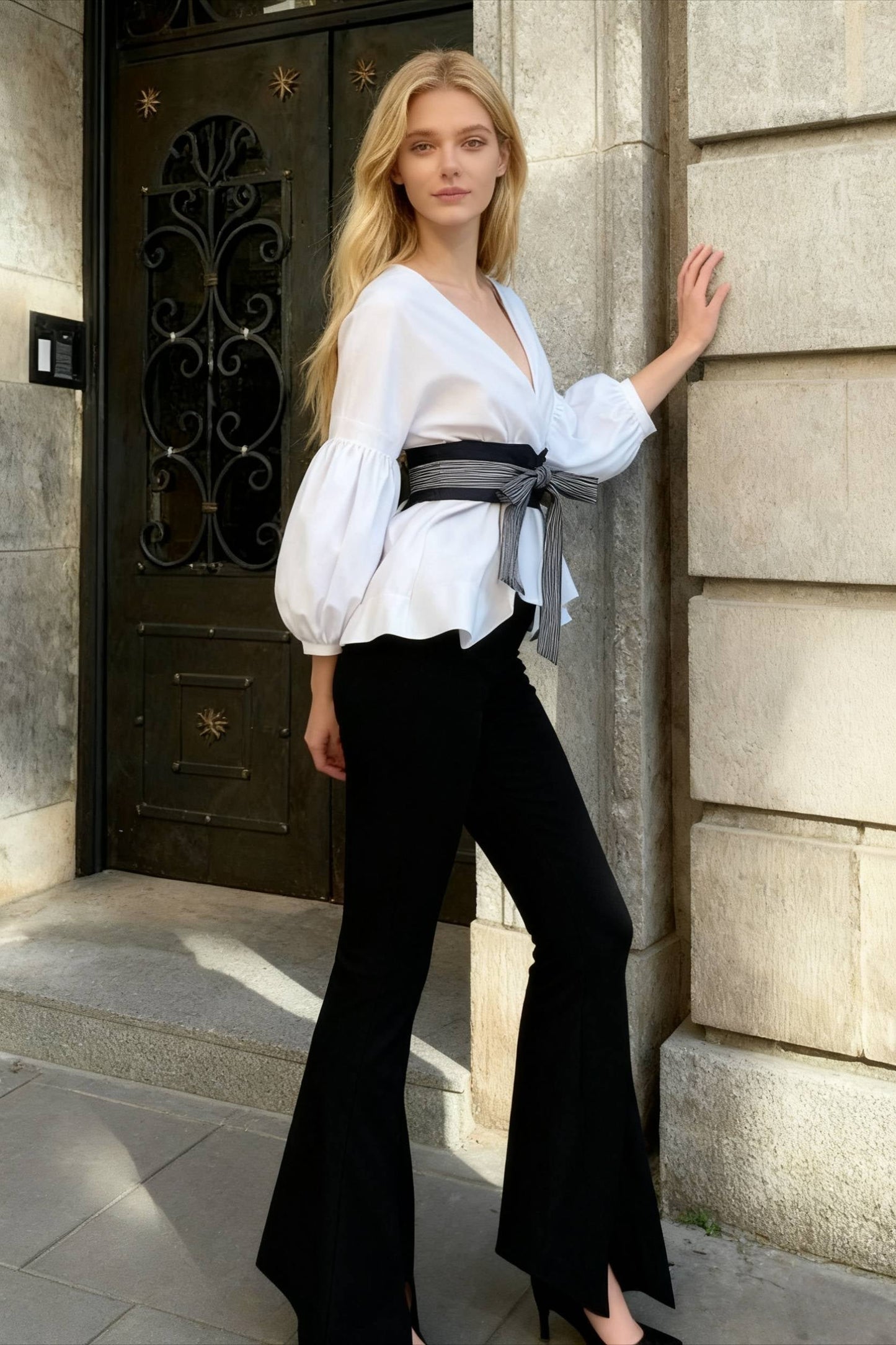 Spring Women's Bow Pants Lantern Flare Black + Striped Split Warm-Season Blouse Arm Arm Set