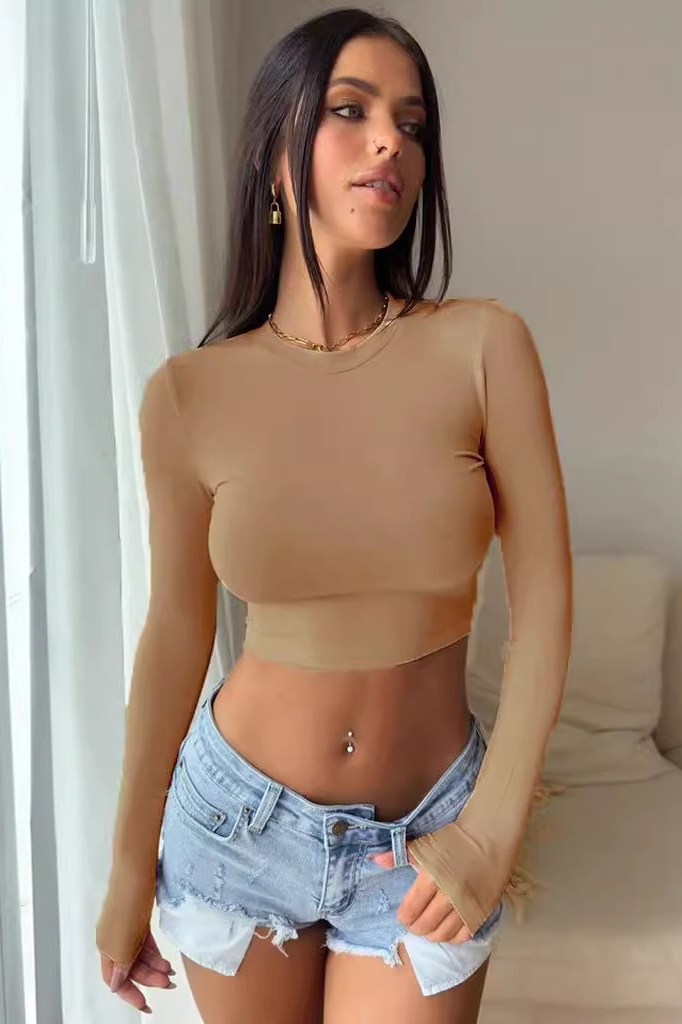 Sexy Hottie Solid Round Neck Slim Long Sleeve Crop Top
