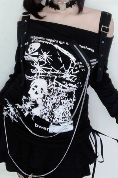 Arcane Stitch Skull Off Shoulder Knit Top