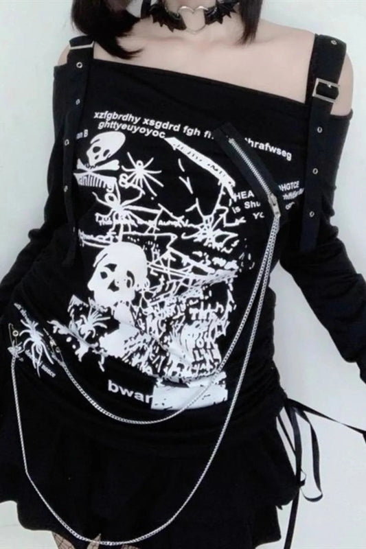 Arcane Stitch Skull Off Shoulder Knit Top