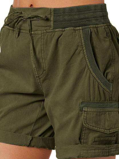 Solid Elastic Waist Multi Pocket Drawstring Shorts