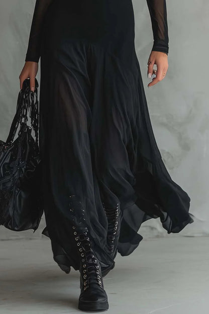 Fashionable Mesh-paneled Long-sleeved Slim-fit Maxi Dress