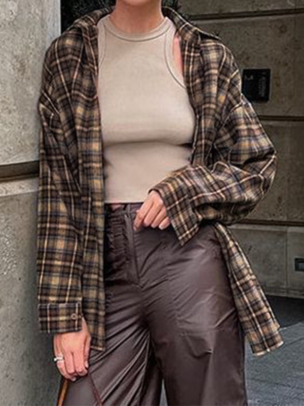 Vintage Plaid Print Long Sleeve Blouse