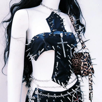 Cross applique metal chain hollow out cut out top  | Festival Outfits Women