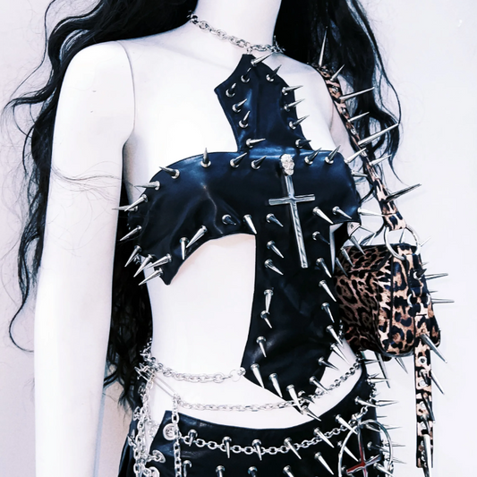 Cross applique metal chain hollow out cut out top | Festival Outfits Women
