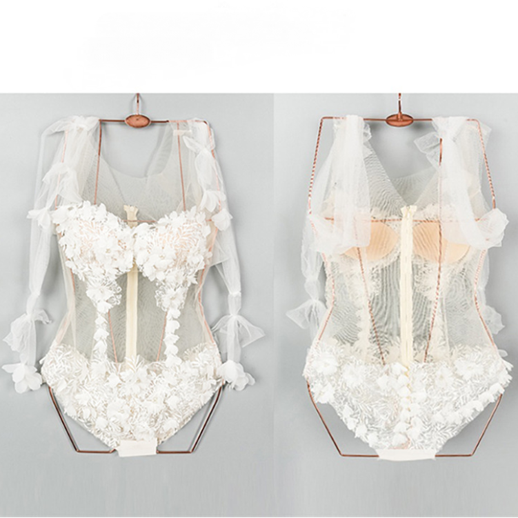 Lace mesh flower applique zip-up bodysuit  | Festival Outfits Women