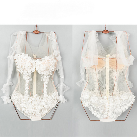 Lace mesh flower applique zip-up bodysuit  | Festival Outfits Women