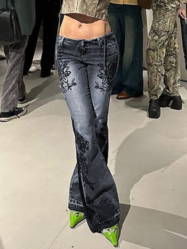 Vintage Plant Print Low Rise Flare Jeans
