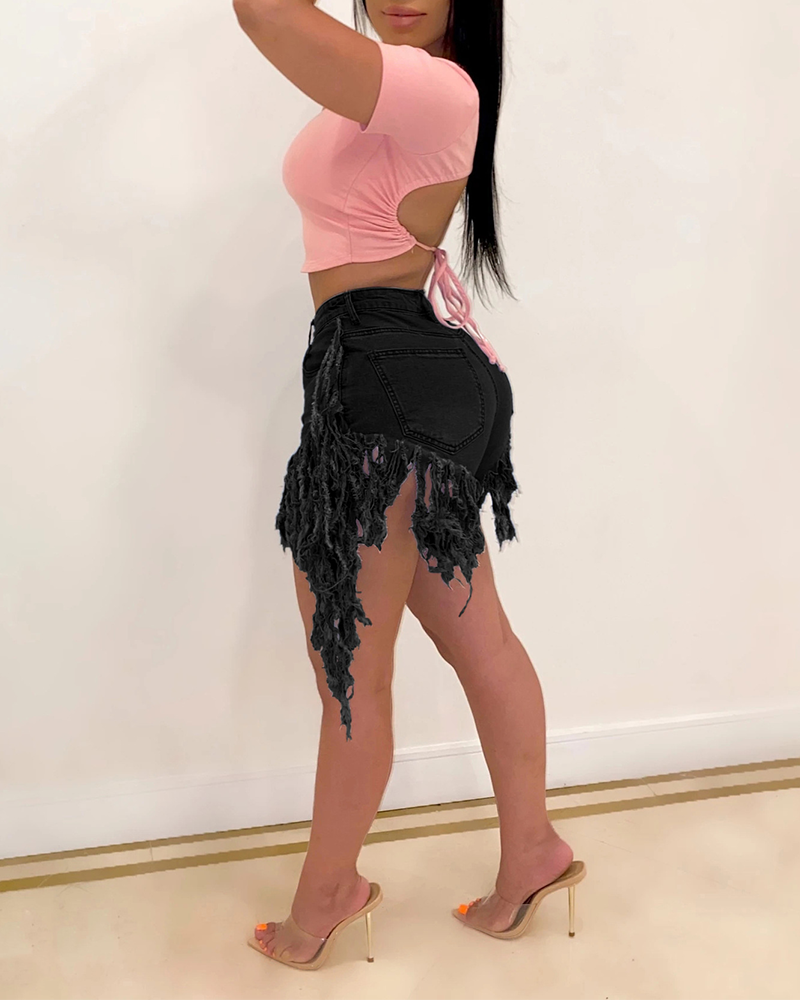 Stretch Denim Fringe Shorts