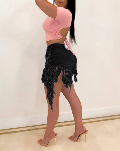 Stretch Denim Fringe Shorts